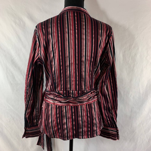 Apt. 9 Red Black Stripe V Neck Tie Waist Long Sleeve Faux Wrap Blouse Size M - Picture 3 of 8